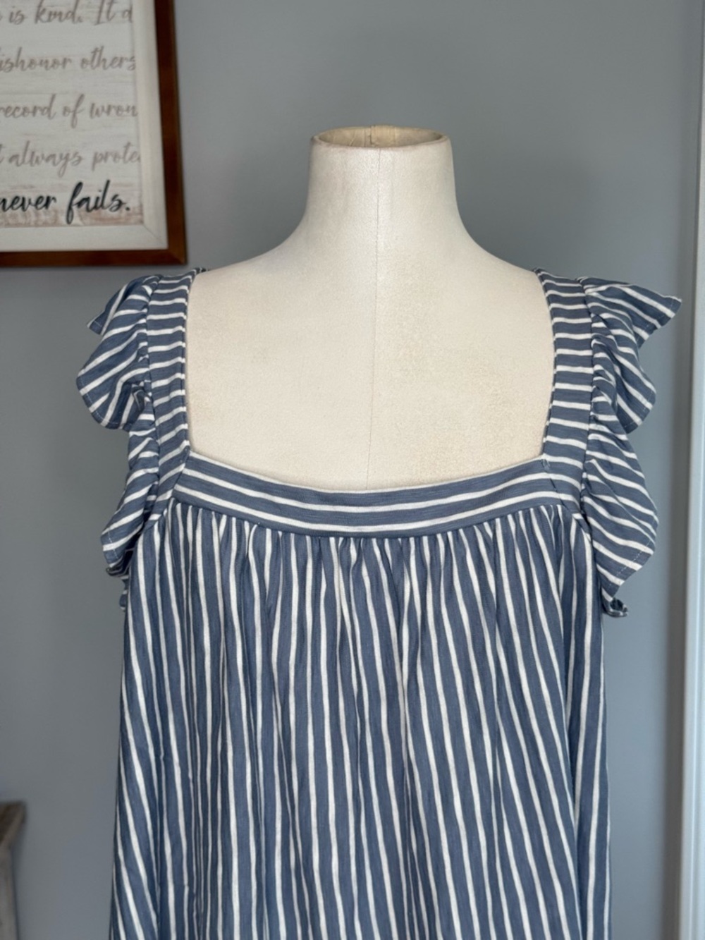2x , 3x. LC Lauren Conrad Blue and White Striped Ruffle Sleeve Tank - Picture 10 of 10